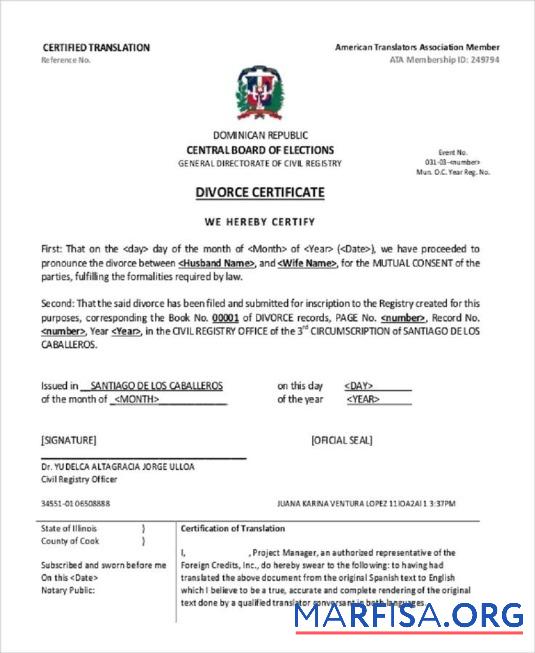 Downloadable Dominican Republic General directorate of civil registry divorce cerificate template